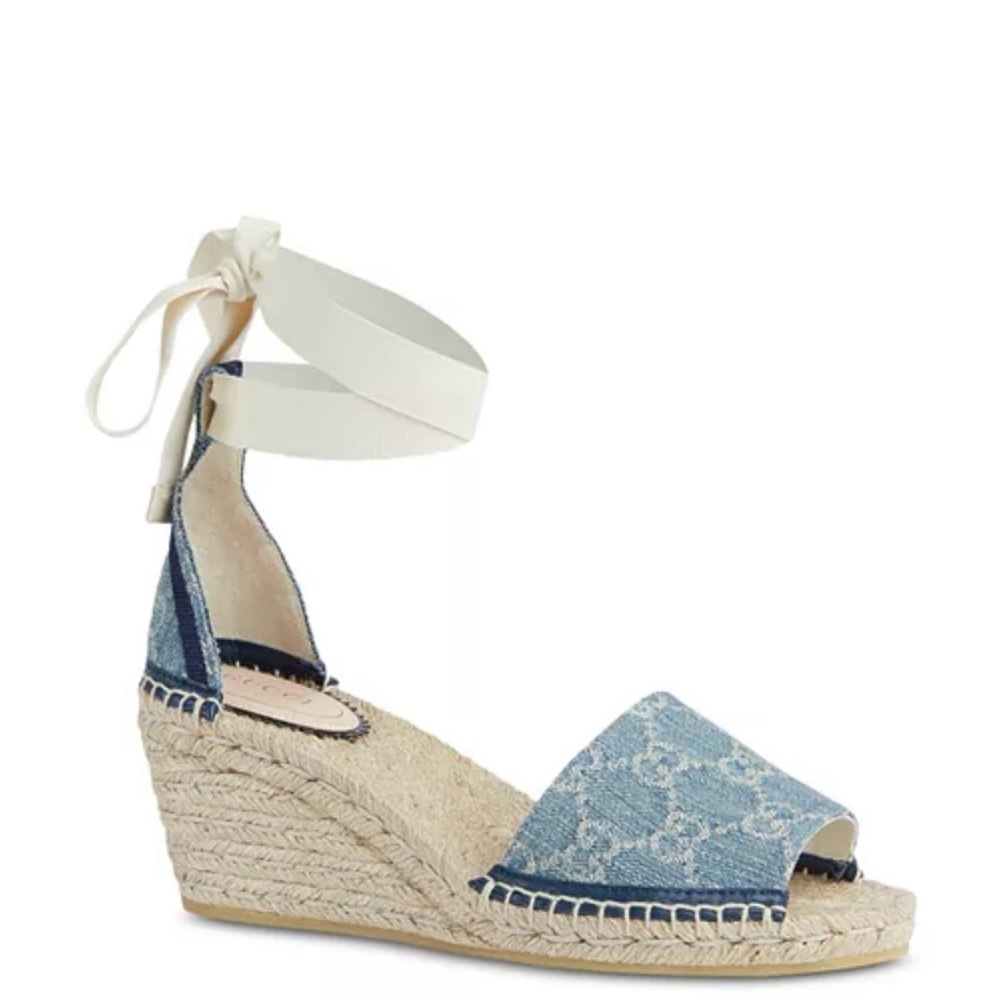 Chic Denim Wedge Sandals with Ankle Tie Gucci 37.5